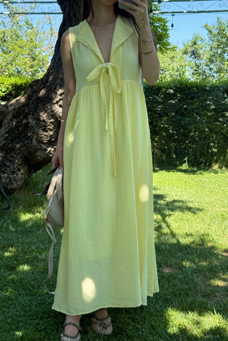 ONE COLOR LINEN LONG WOMEN DRESS YELLOW/E VERDHE - 4