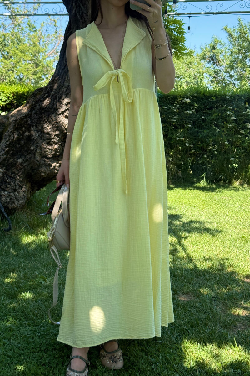 ONE COLOR LINEN LONG WOMEN DRESS YELLOW/E VERDHE - 4