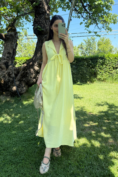 ONE COLOR LINEN LONG WOMEN DRESS YELLOW/E VERDHE - 6