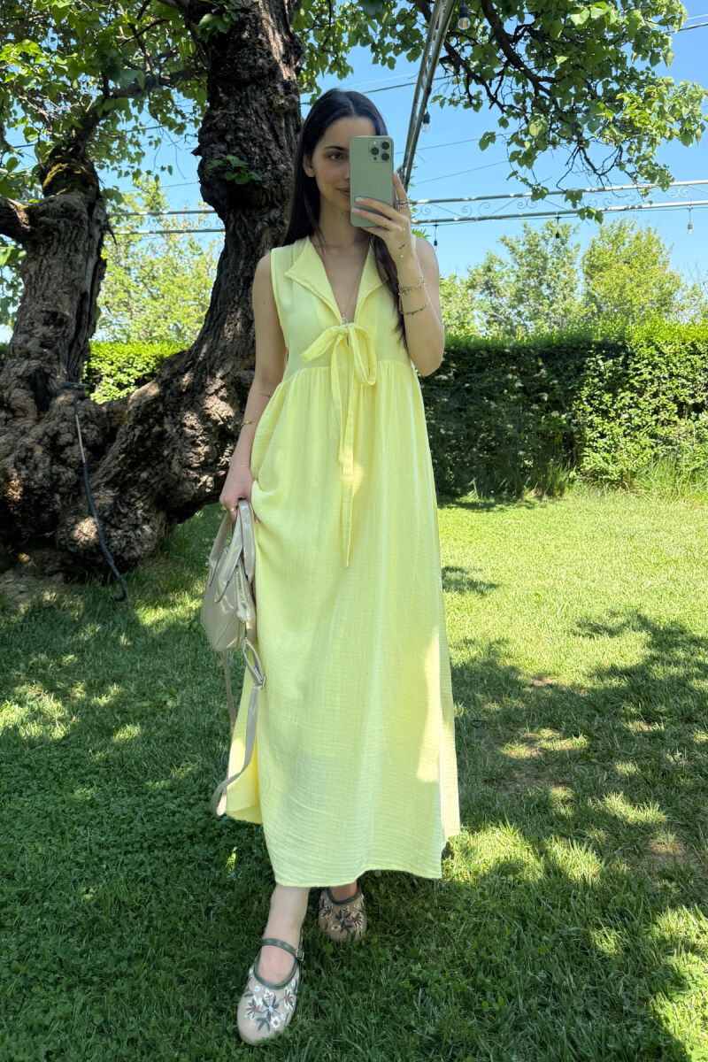 ONE COLOR LINEN LONG WOMEN DRESS YELLOW/E VERDHE - 6