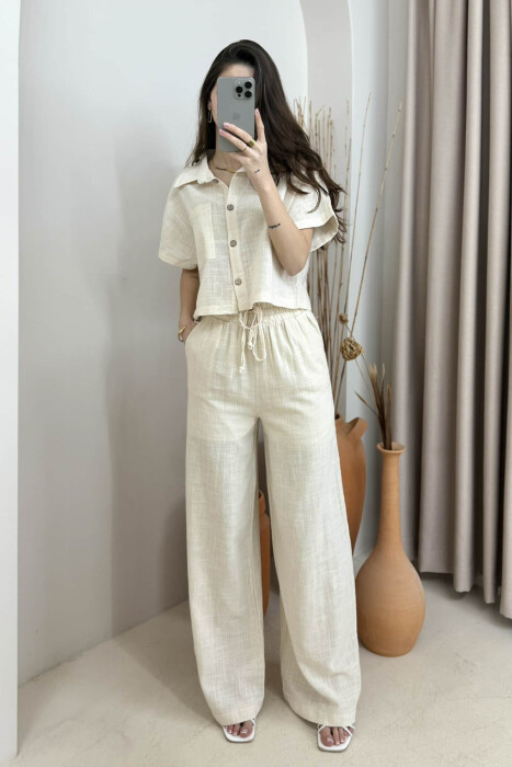ONE COLOR LINEN SHIRT+TROUSERS WOMEN SET BEIGE/BEZHE 