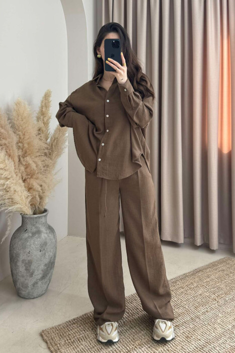 ONE COLOR LINEN SHIRT+TROUSERS WOMEN SET BROWN/KAFE 