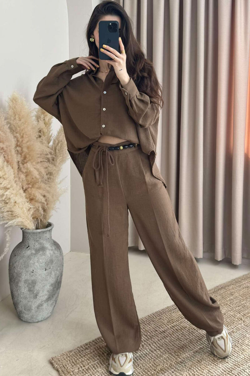ONE COLOR LINEN SHIRT+TROUSERS WOMEN SET BROWN/KAFE - 2