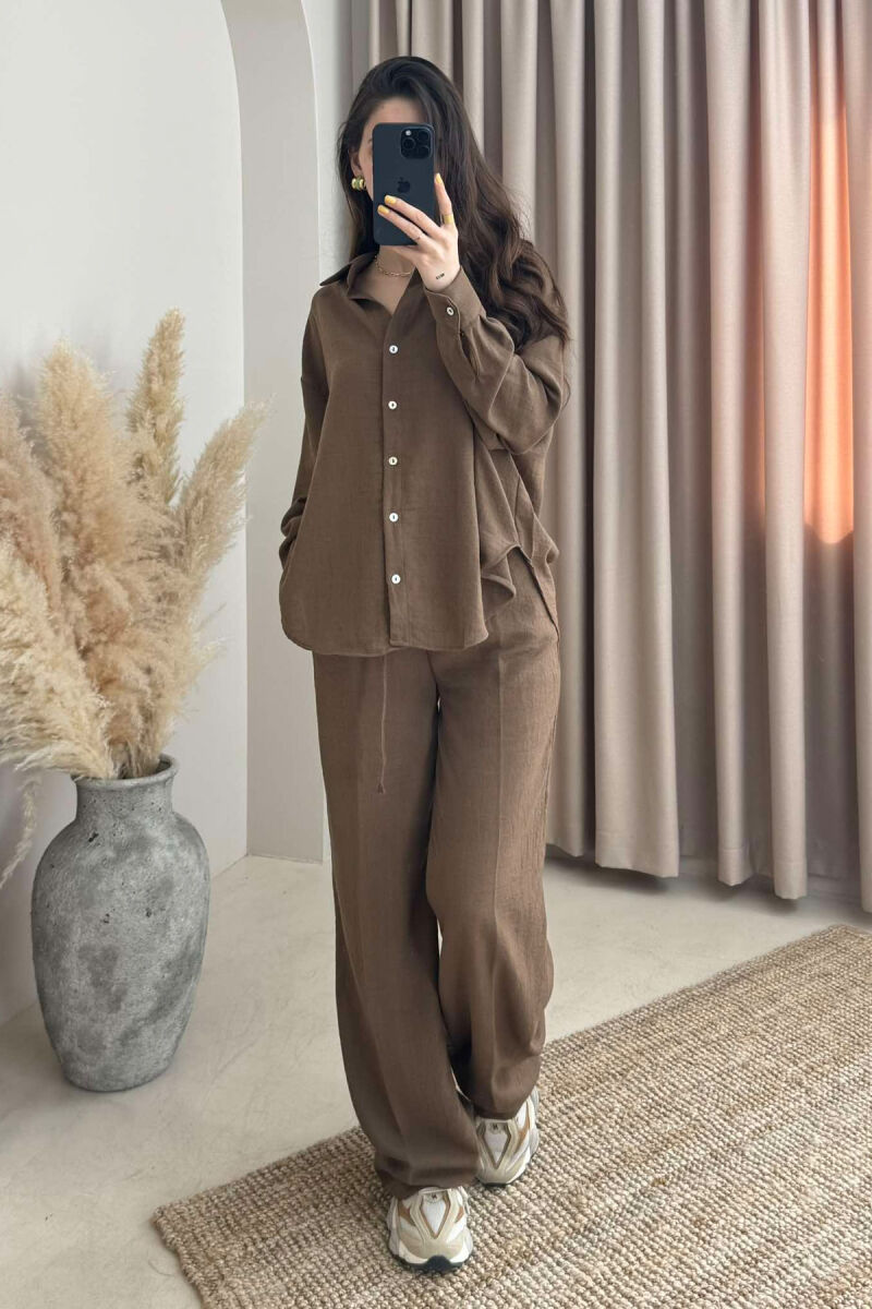 ONE COLOR LINEN SHIRT+TROUSERS WOMEN SET BROWN/KAFE - 3