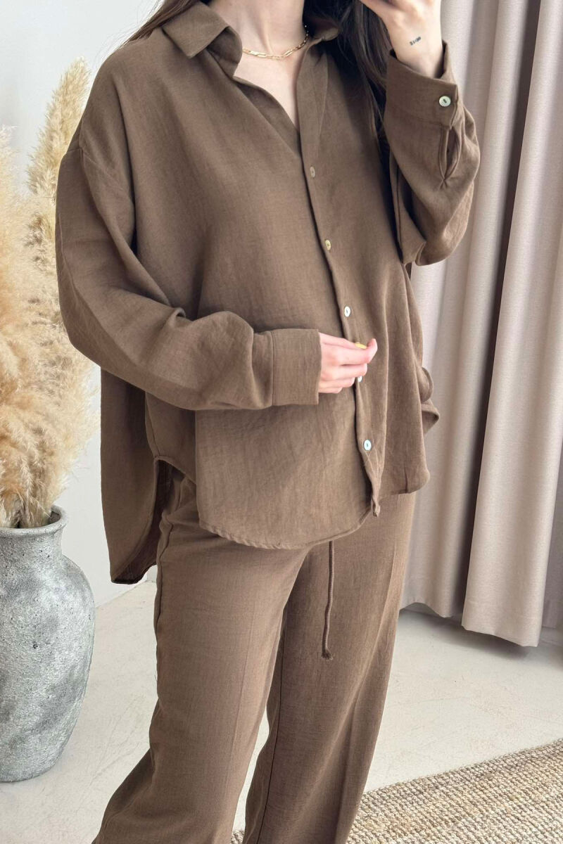 ONE COLOR LINEN SHIRT+TROUSERS WOMEN SET BROWN/KAFE - 4
