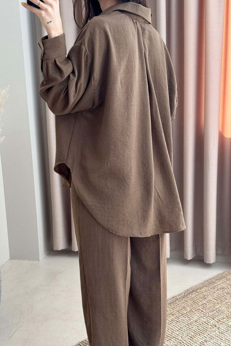 ONE COLOR LINEN SHIRT+TROUSERS WOMEN SET BROWN/KAFE - 6