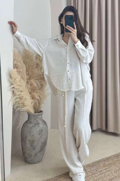 ONE COLOR LINEN SHIRT+TROUSERS WOMEN SET CREAM/KREM 