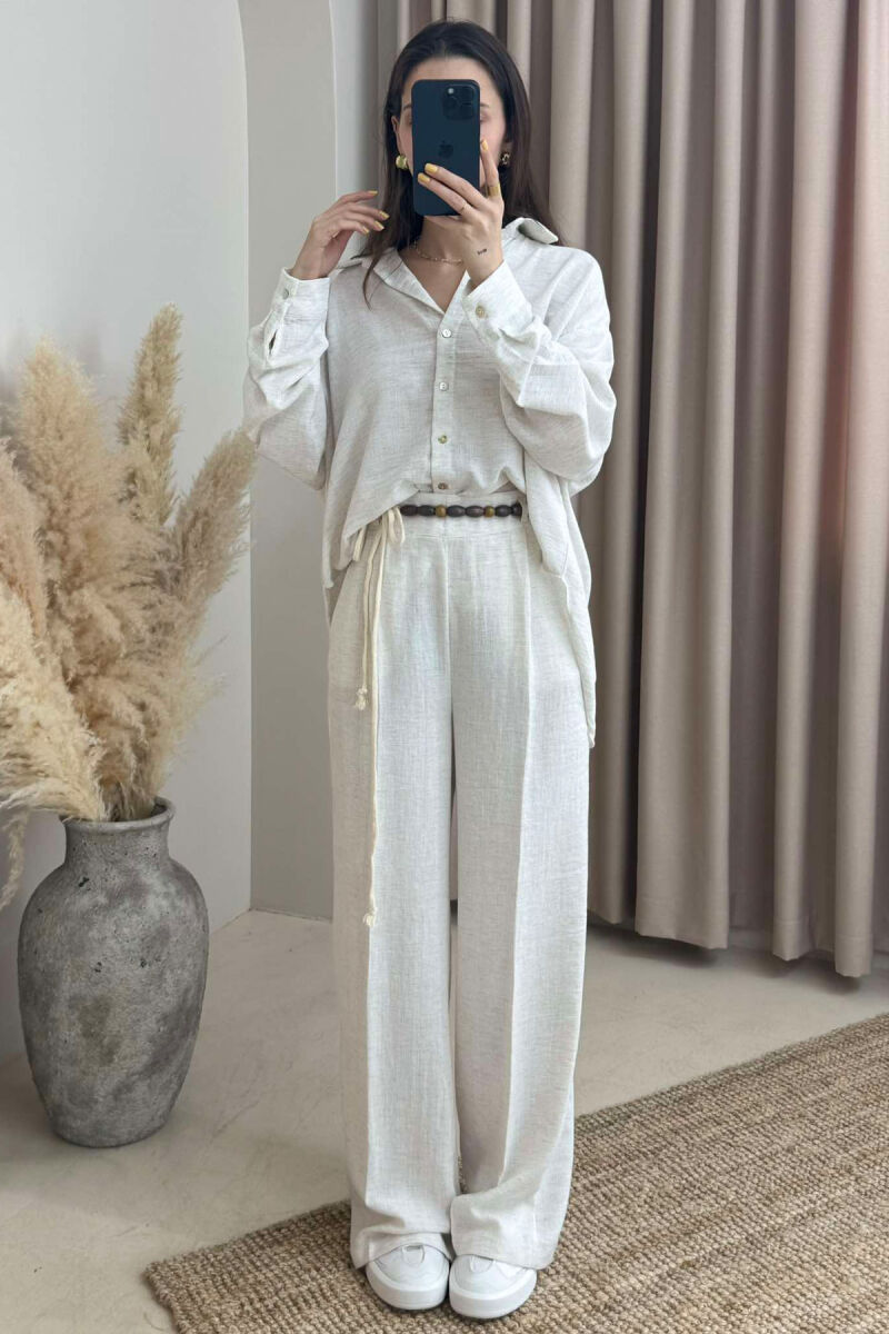 ONE COLOR LINEN SHIRT+TROUSERS WOMEN SET CREAM/KREM - 2