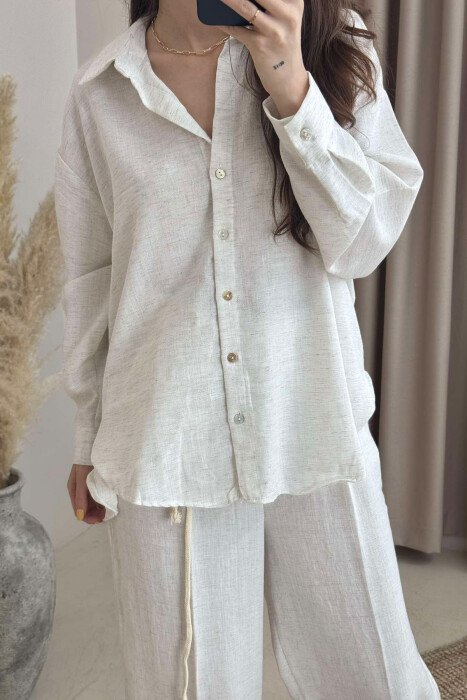 ONE COLOR LINEN SHIRT+TROUSERS WOMEN SET CREAM/KREM - 6