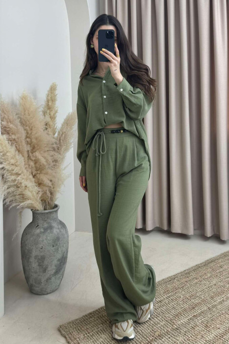 ONE COLOR LINEN SHIRT+TROUSERS WOMEN SET GREEN/JESHILE 