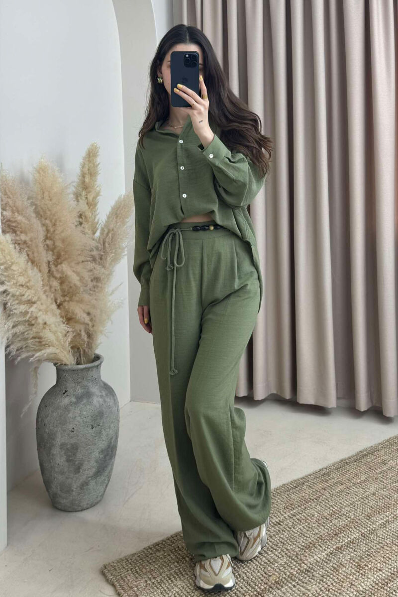 ONE COLOR LINEN SHIRT+TROUSERS WOMEN SET GREEN/JESHILE - 1