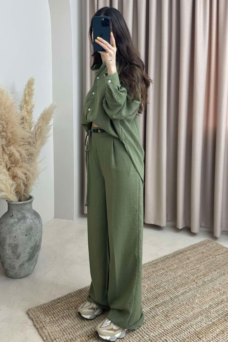 ONE COLOR LINEN SHIRT+TROUSERS WOMEN SET GREEN/JESHILE - 3