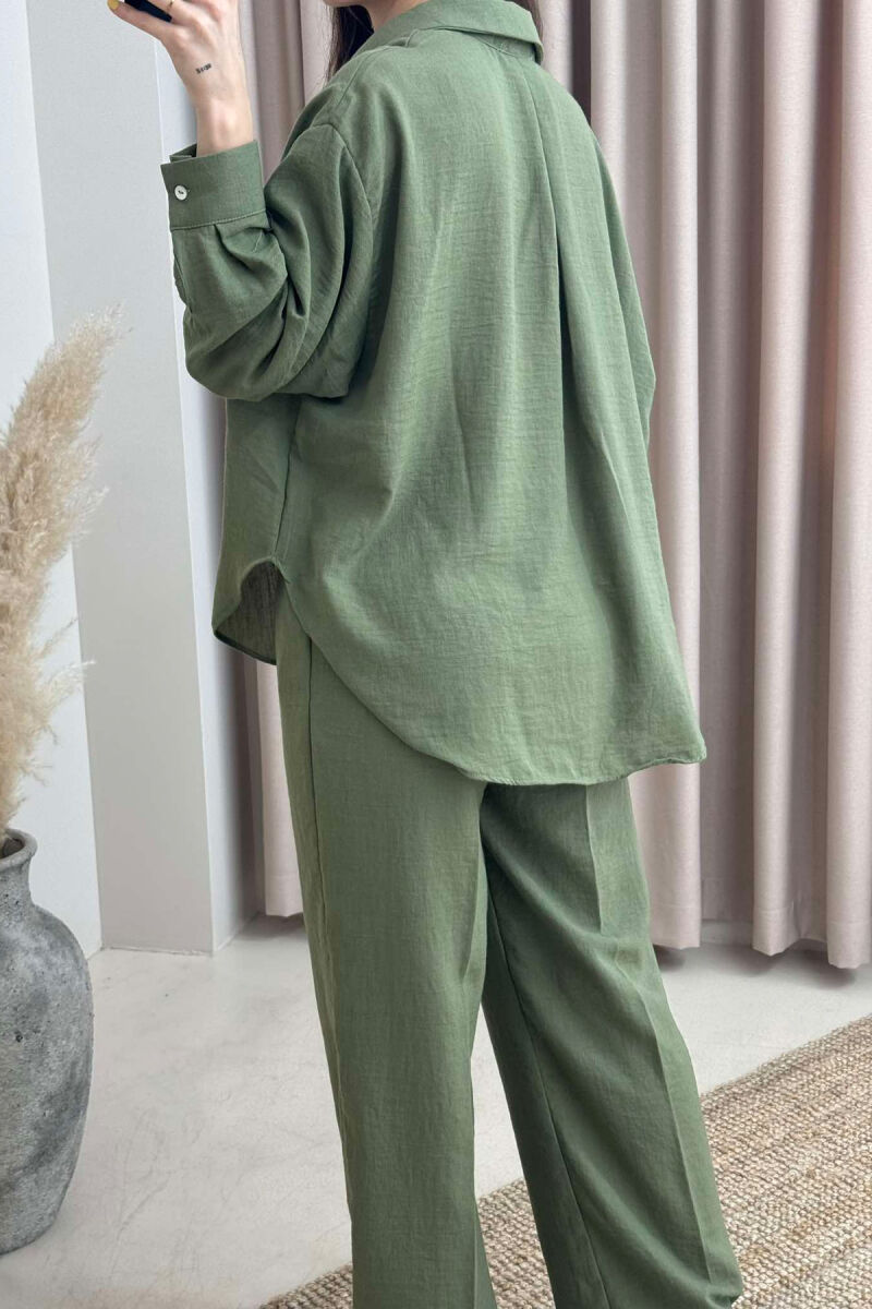 ONE COLOR LINEN SHIRT+TROUSERS WOMEN SET GREEN/JESHILE - 4