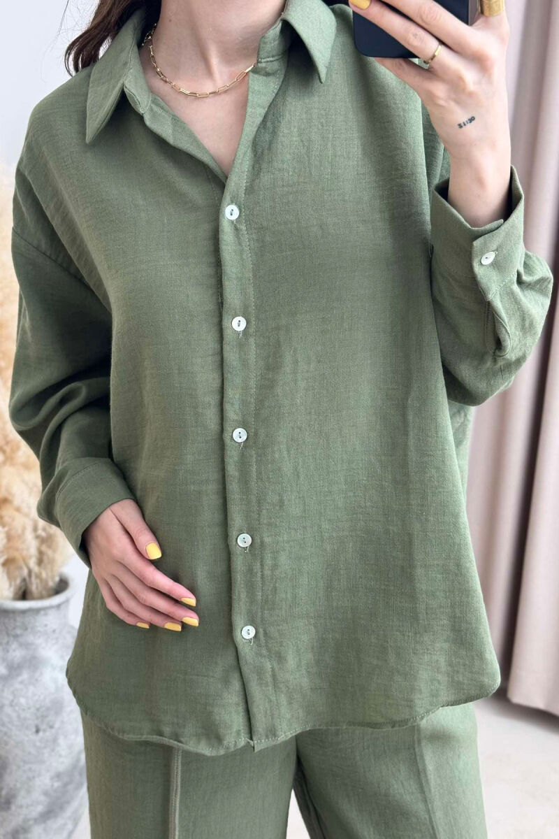 ONE COLOR LINEN SHIRT+TROUSERS WOMEN SET GREEN/JESHILE - 5