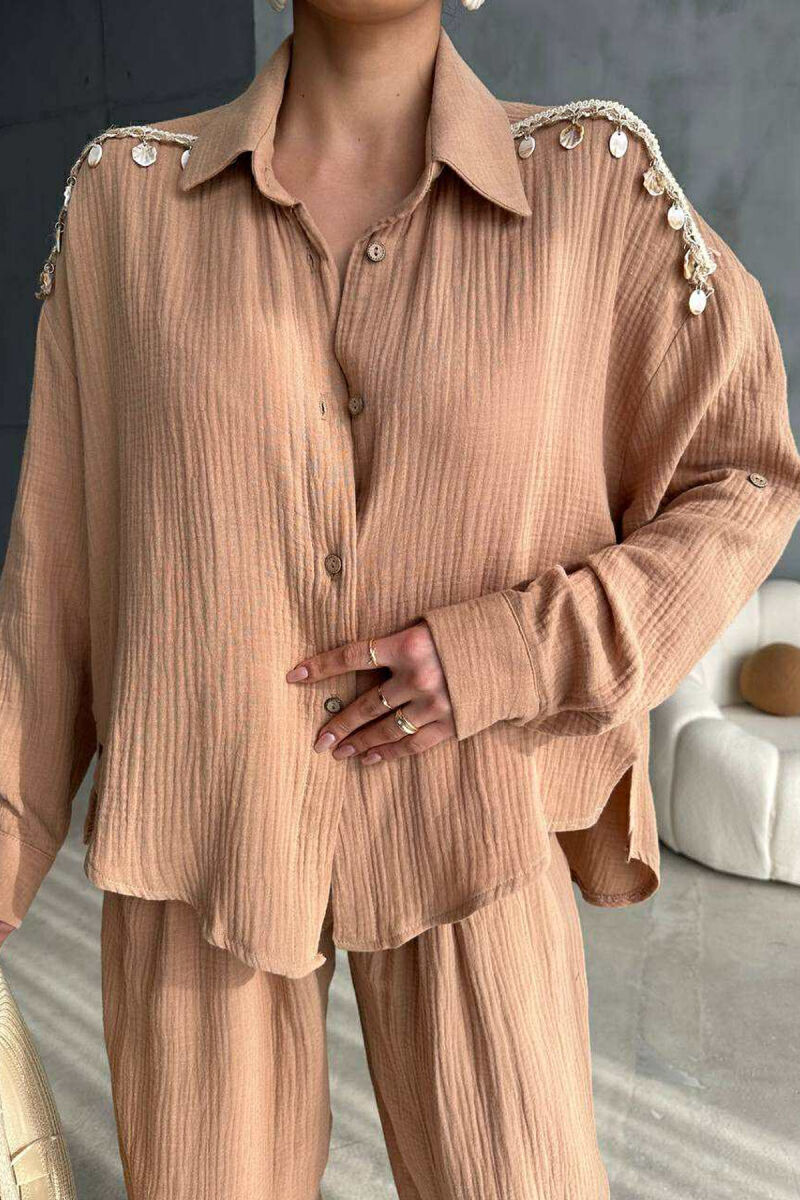 ONE COLOR LINEN SHIRT+TROUSERS WOMEN SET LIGHT BROWN/KAZB - 2