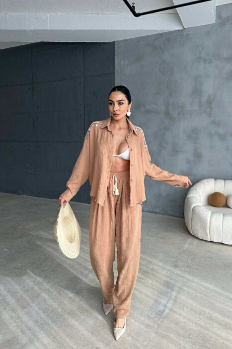 ONE COLOR LINEN SHIRT+TROUSERS WOMEN SET LIGHT BROWN/KAZB - 3