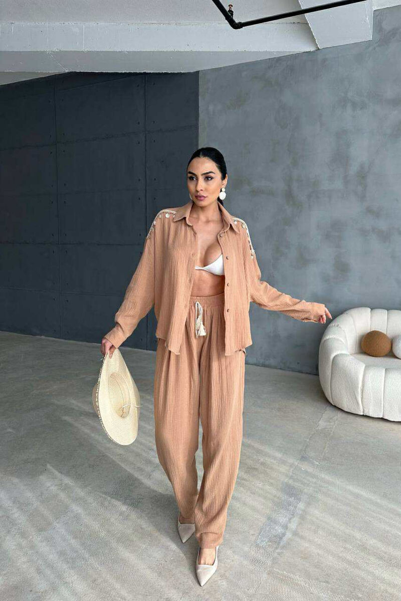 ONE COLOR LINEN SHIRT+TROUSERS WOMEN SET LIGHT BROWN/KAZB - 3