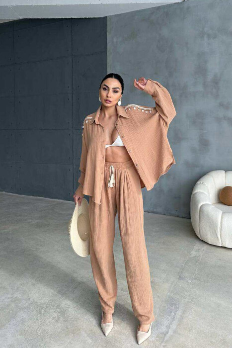 ONE COLOR LINEN SHIRT+TROUSERS WOMEN SET LIGHT BROWN/KAZB - 4