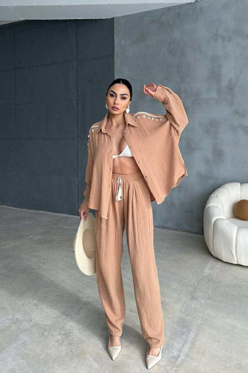 ONE COLOR LINEN SHIRT+TROUSERS WOMEN SET LIGHT BROWN/KAZB - 4