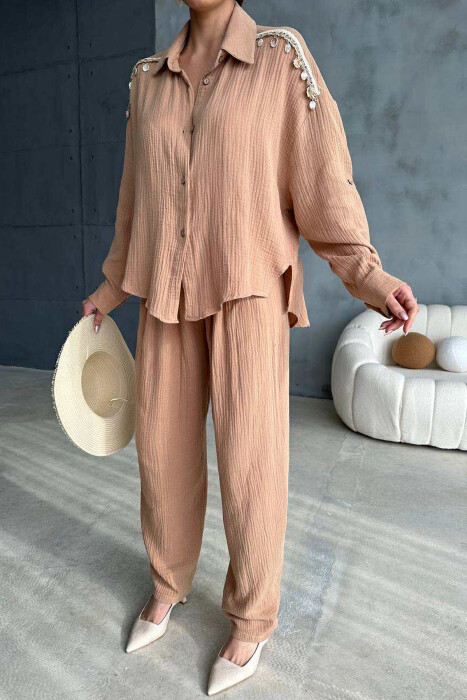 ONE COLOR LINEN SHIRT+TROUSERS WOMEN SET LIGHT BROWN/KAZB - 5