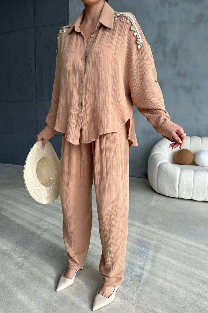 ONE COLOR LINEN SHIRT+TROUSERS WOMEN SET LIGHT BROWN/KAZB - 5