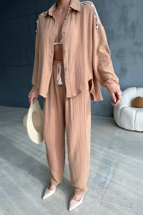 ONE COLOR LINEN SHIRT+TROUSERS WOMEN SET LIGHT BROWN/KAZB - 6