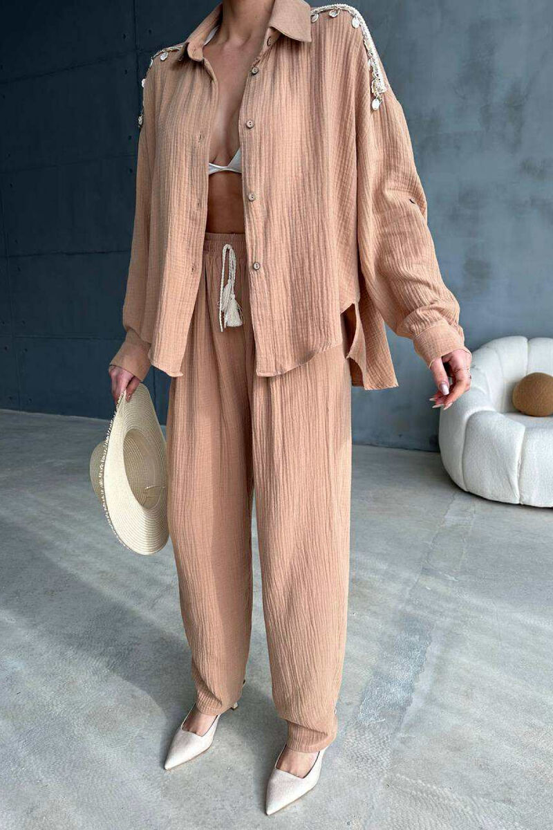 ONE COLOR LINEN SHIRT+TROUSERS WOMEN SET LIGHT BROWN/KAZB - 6