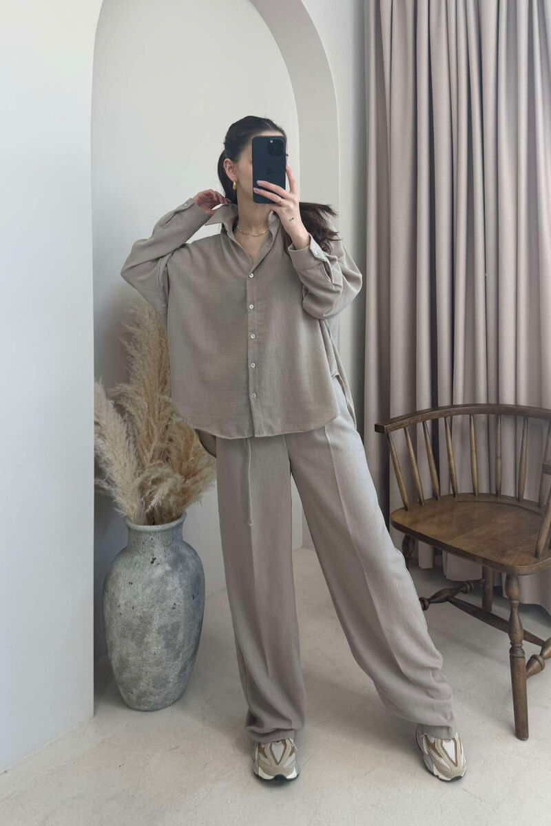 ONE COLOR LINEN SHIRT+TROUSERS WOMEN SET LIGHT BROWN/KAZB - 1