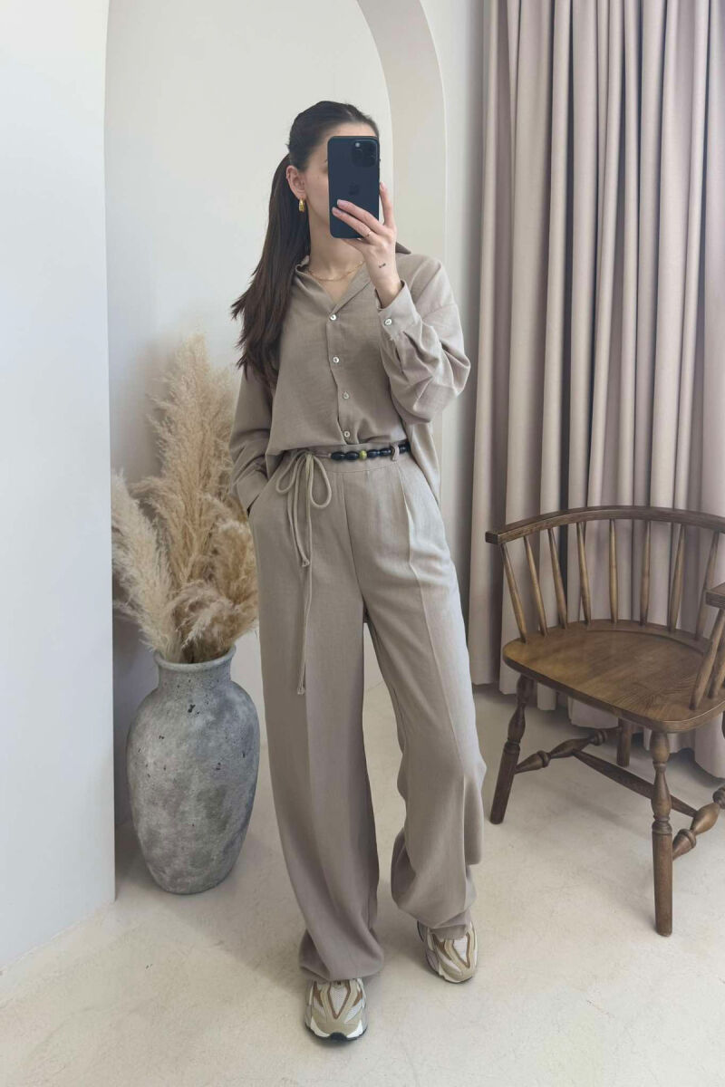 ONE COLOR LINEN SHIRT+TROUSERS WOMEN SET LIGHT BROWN/KAZB - 2