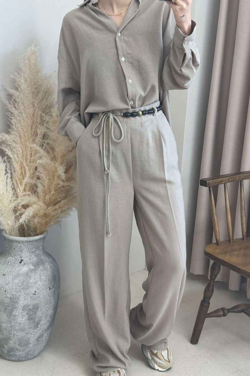 ONE COLOR LINEN SHIRT+TROUSERS WOMEN SET LIGHT BROWN/KAZB - 4