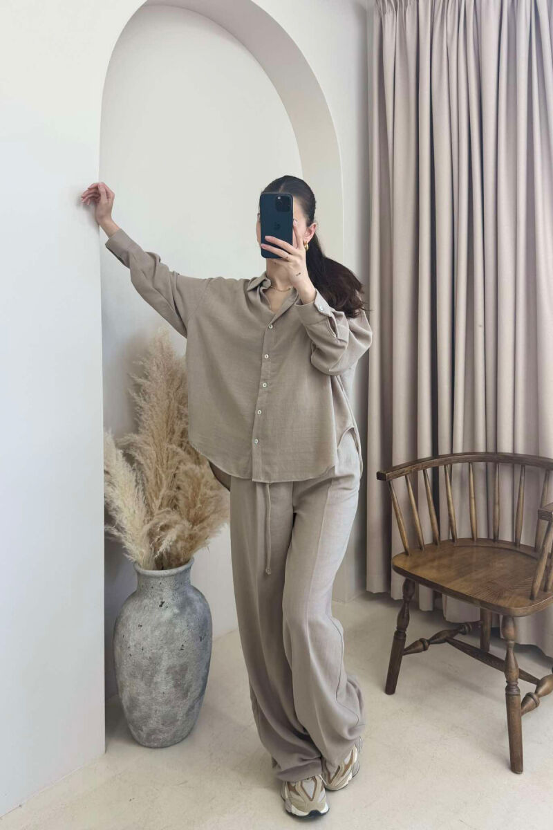 ONE COLOR LINEN SHIRT+TROUSERS WOMEN SET LIGHT BROWN/KAZB - 6
