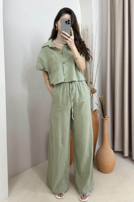 ONE COLOR LINEN SHIRT+TROUSERS WOMEN SET MINT/MENTE - 1