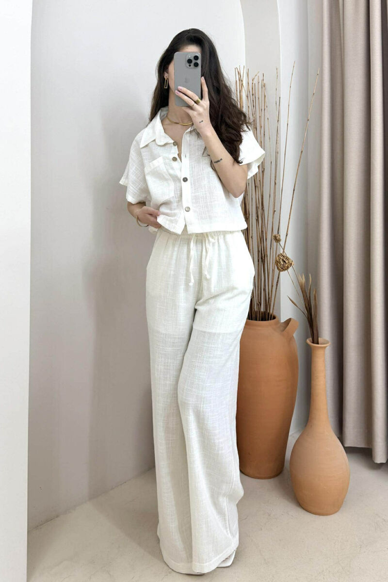 ONE COLOR LINEN SHIRT+TROUSERS WOMEN SET WHITE-E BARDHE - 1