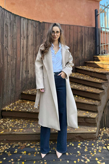 ONE COLOR LONG BELT DETAIL WOMEN COAT BEIGE/BEZHE - 1