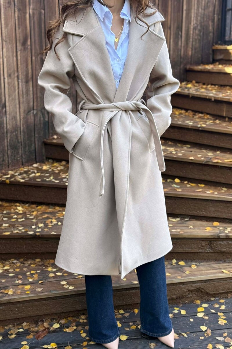 ONE COLOR LONG BELT DETAIL WOMEN COAT BEIGE/BEZHE - 3