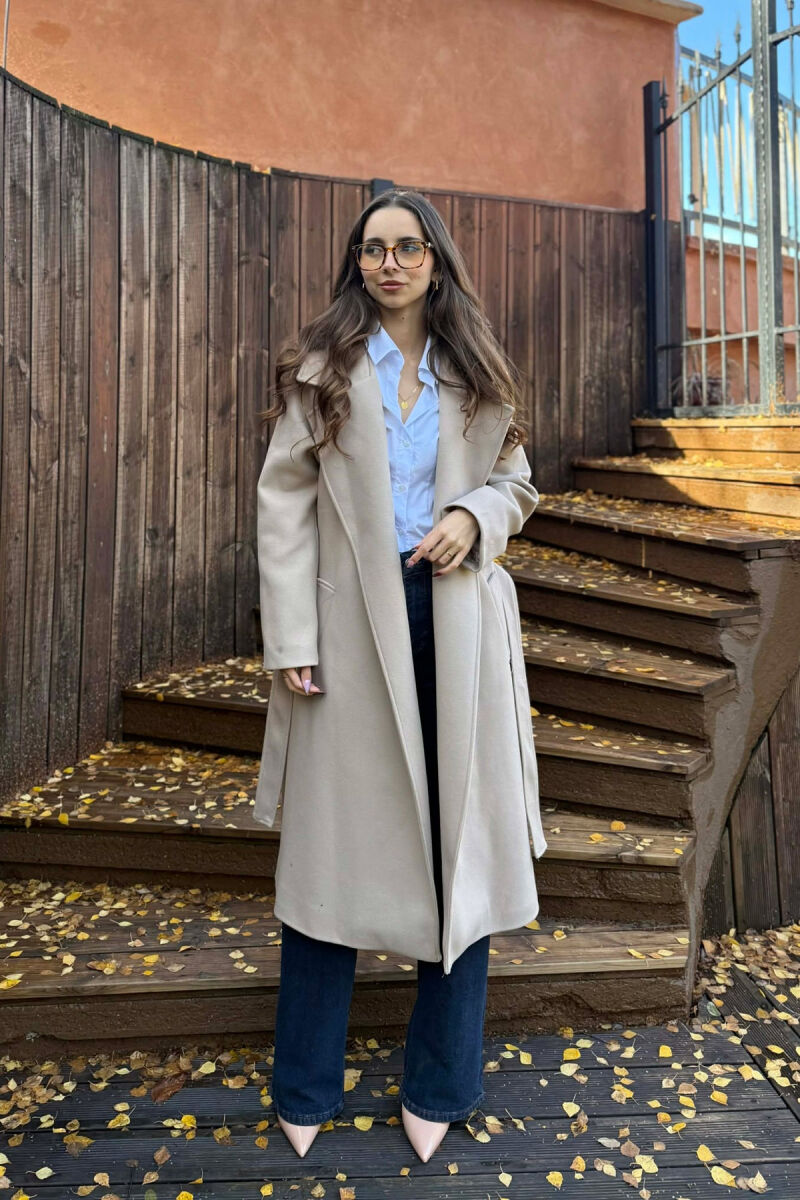 ONE COLOR LONG BELT DETAIL WOMEN COAT BEIGE/BEZHE - 4