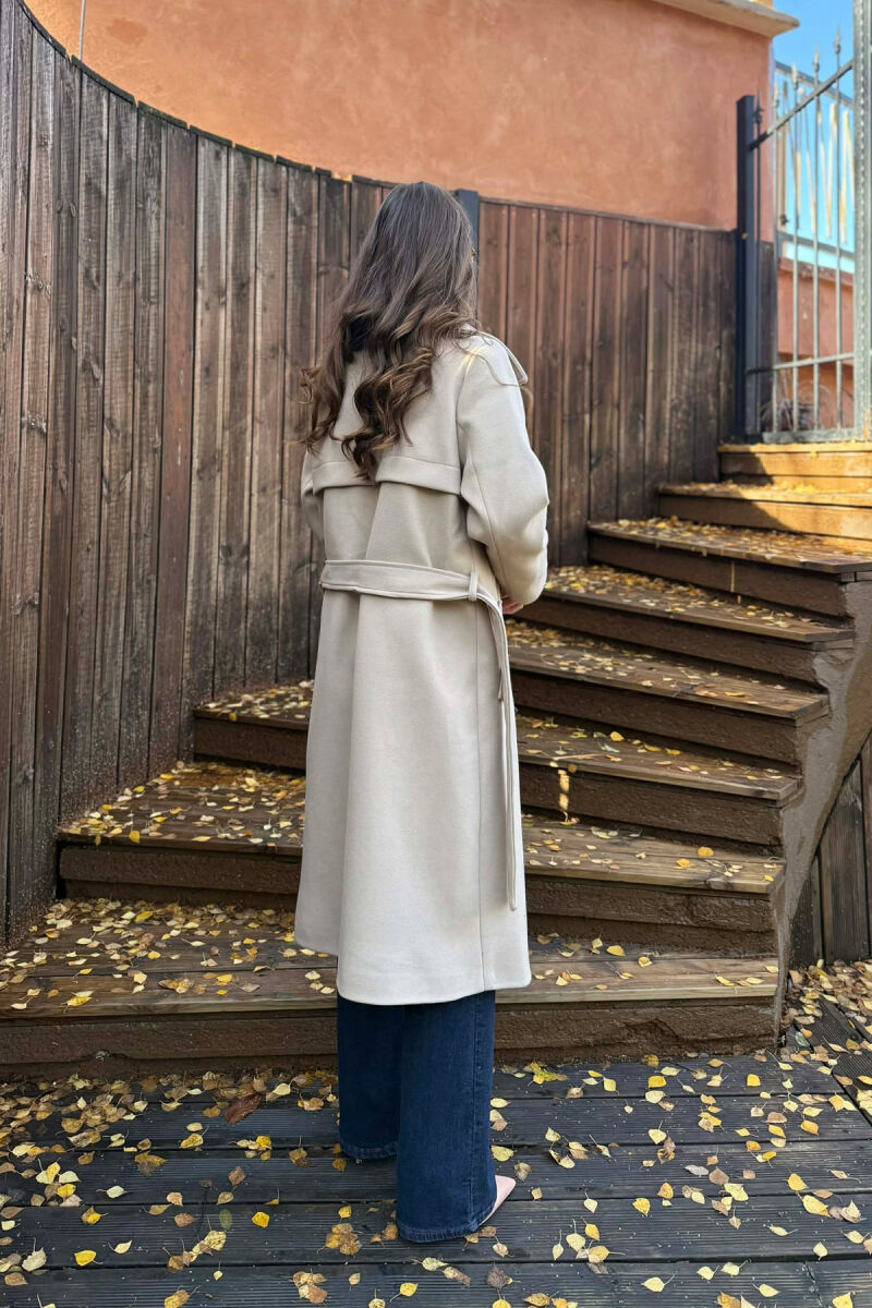 ONE COLOR LONG BELT DETAIL WOMEN COAT BEIGE/BEZHE - 5