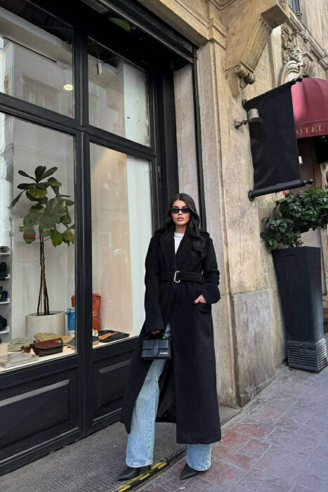 ONE COLOR LONG BELT DETAIL WOMEN COAT BLACK/ E ZEZE - 1