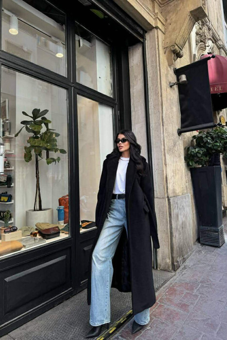 ONE COLOR LONG BELT DETAIL WOMEN COAT BLACK/ E ZEZE - 2