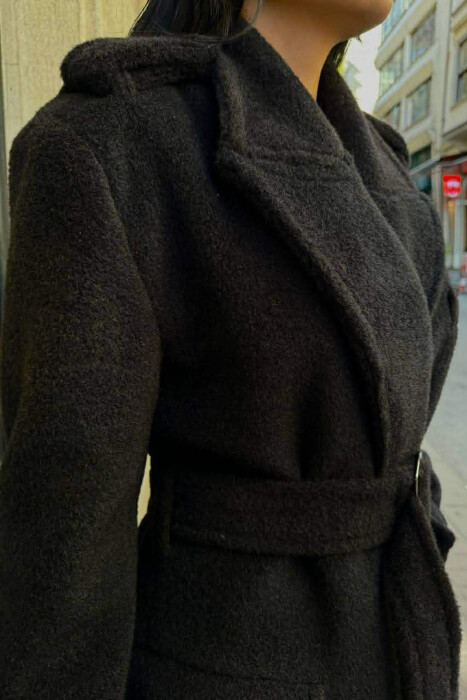 ONE COLOR LONG BELT DETAIL WOMEN COAT BLACK/ E ZEZE - 3