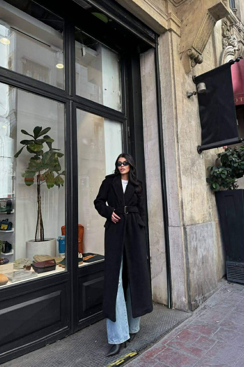 ONE COLOR LONG BELT DETAIL WOMEN COAT BLACK/ E ZEZE - 4