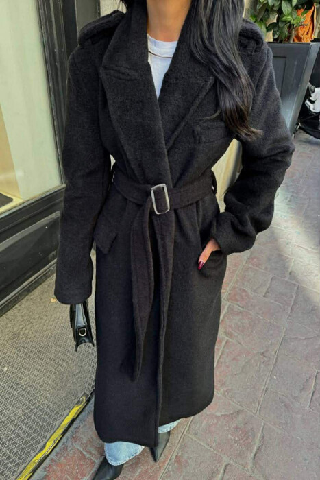 ONE COLOR LONG BELT DETAIL WOMEN COAT BLACK/ E ZEZE - 5