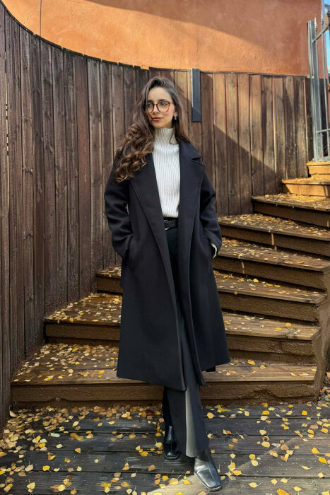 ONE COLOR LONG BELT DETAIL WOMEN COAT BLACK/ E ZEZE - 1