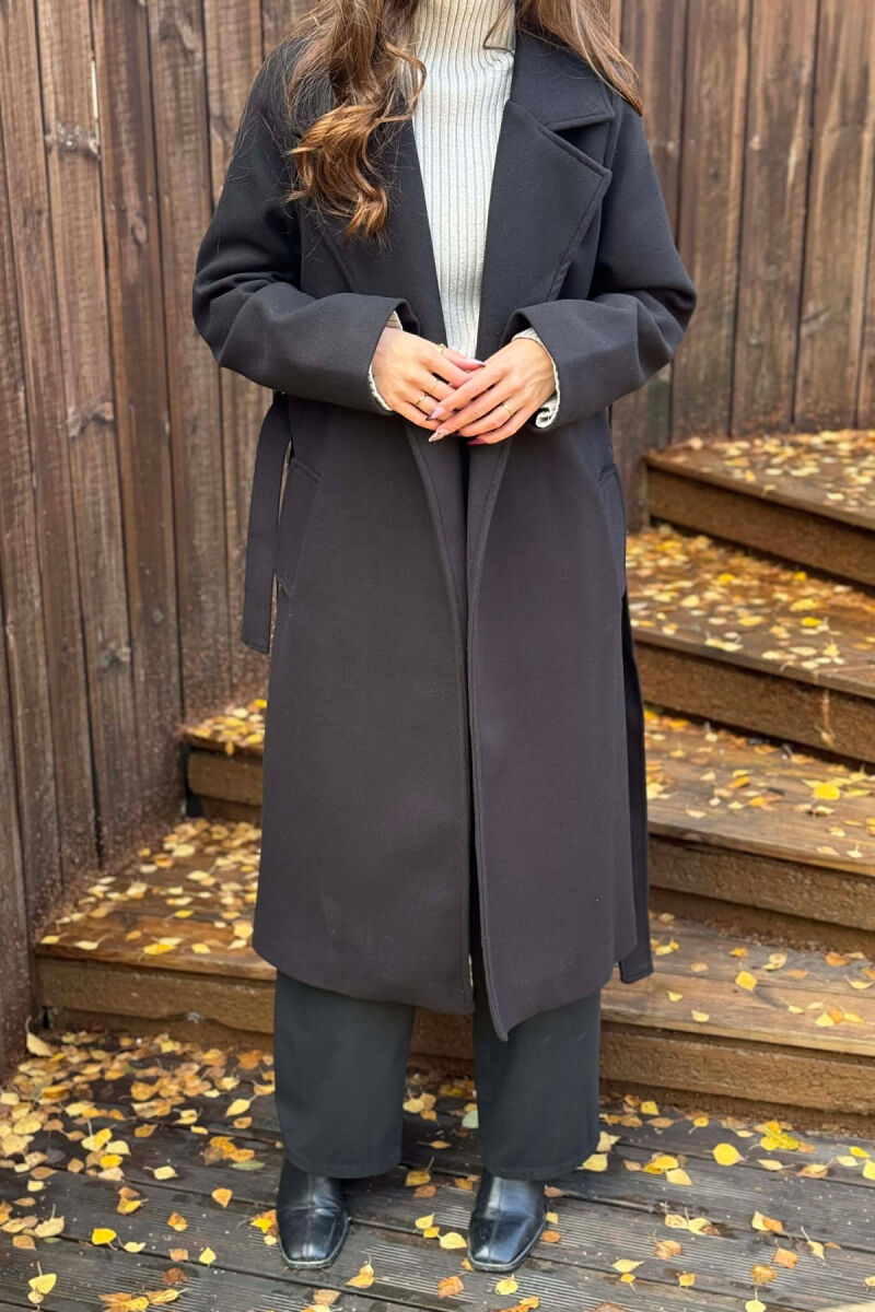 ONE COLOR LONG BELT DETAIL WOMEN COAT BLACK/ E ZEZE - 2