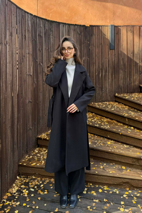 ONE COLOR LONG BELT DETAIL WOMEN COAT BLACK/ E ZEZE - 4