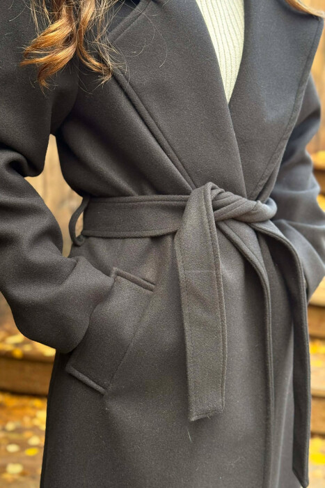 ONE COLOR LONG BELT DETAIL WOMEN COAT BLACK/ E ZEZE - 5