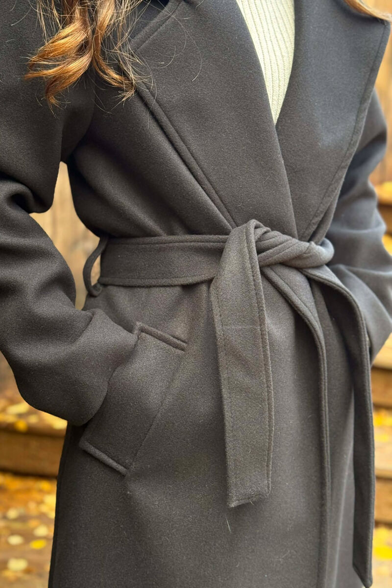 ONE COLOR LONG BELT DETAIL WOMEN COAT BLACK/ E ZEZE - 5