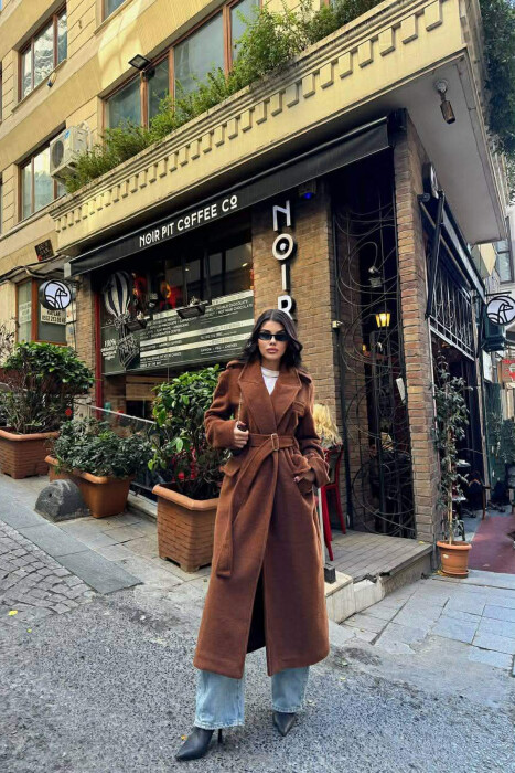 ONE COLOR LONG BELT DETAIL WOMEN COAT BROWN/KAFE - 1