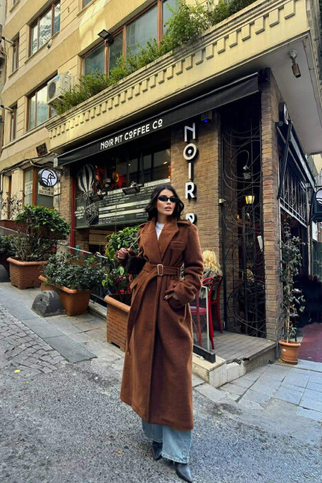 ONE COLOR LONG BELT DETAIL WOMEN COAT BROWN/KAFE - 2