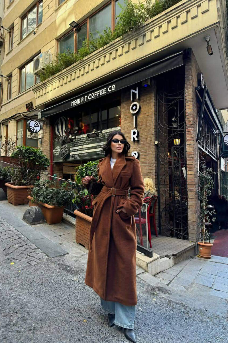 ONE COLOR LONG BELT DETAIL WOMEN COAT BROWN/KAFE - 2